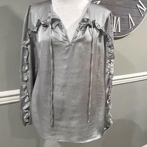 LOFT Satin gray long sleeve with ruffles - Size Medium worn 2x